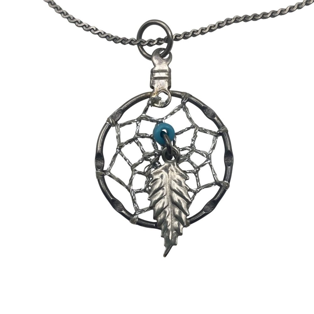 Vintage Sterling Silver Dreamcatcher Pendant Necklace  18" Feather Boho Western